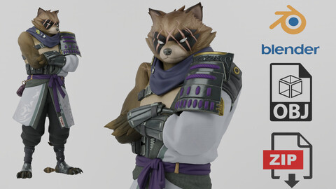 Hajime Raccoon Humanoid Warrior Lowpoly Rigged