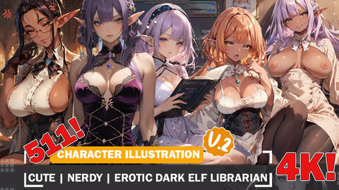 511 Cute Nerdy Erotic Dark Elf Librarian Diverse Outfit Character Design Reference Art V2 4K