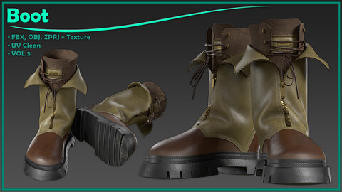 female boot with texture/ zprj+obj+fbx+4K PBR/ clo3d, marvelous designer/ vol3