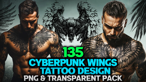 135 Cyberpunk Wings Tattoo Design and Print Art( PNG Files )-4K- High Quality