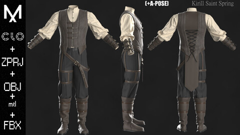 Medieval Outfit Male Marvelous designer/Clo3d OBJ mtl FBX ZPRJ + A-POSE