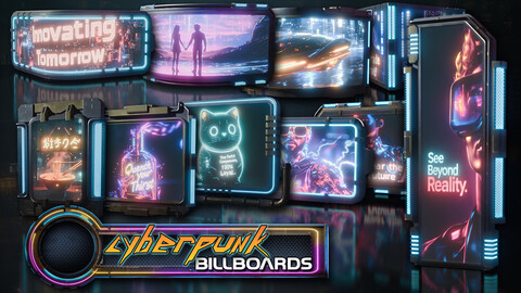 Stylized Cyberpunk Billboard Pack for Blender & Game Design | 3D Asset Pack