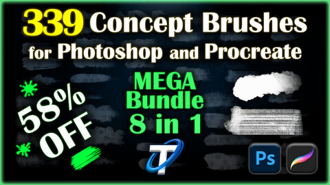 339 Concept Brushes with Different Styles for Photoshop and Procreate (Hand-Painted) - MEGA Bundle