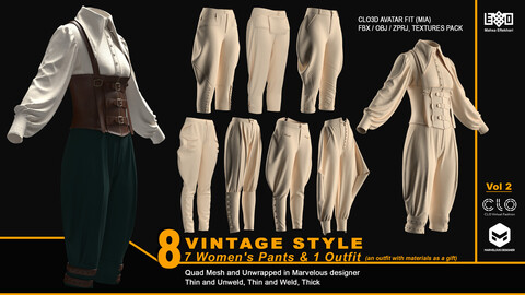 Vintage Style | 7 Women's Pants & 1 Outfit (an outfit as a gift) (ZPRJ+FBX+OBJ Files)