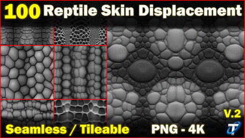 100 Ultra High-Quality Reptile Skin Displacements (Seamless and Tileable) Vol 2