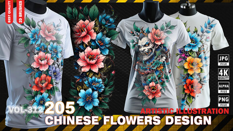 205 4K HAND DRAWN CHINESE FLOWERS DESIGN FOR TATTOO AND PRINT - ARTISTIC ILLUSTRATION - HIGH END QUALITY - (JPEG & TRANSPARENT PNG & ALPHA ) - VOL312