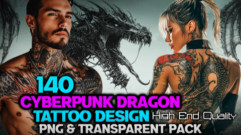 140 Cyberpunk Dragon - Tattoo Design and Print Art( PNG Files )-4K- High Quality