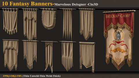 10 Fantasy Banners /Marvelous Designer-Clo3D(ZPRJ + FBX + OBJ)