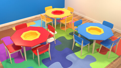 Kids tables and puzzle mat - Maya / Blender / OBJ / FBX