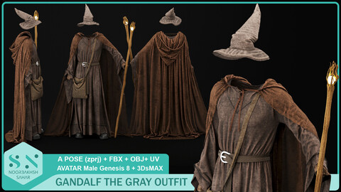 GANDALF THE GRAY OUTFIT (CLO3D, MD PROJECTS (zprj)+OBJ+FBX+3DsMAX (max) APOSE)