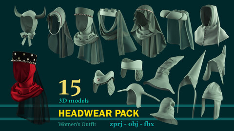 Female Headwear Pack (Medieval & Fantasy) . CLO , MD projects + FBX + OBJ