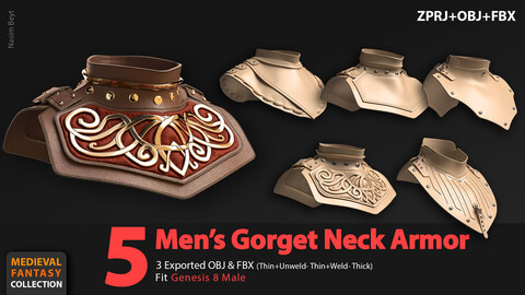 Medieval Collection: 5 Men's Gorget Neck Armor (VOL.01). Marvelous Designer/Clo3D project file+OBJ,FBX