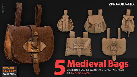 Medieval Collection: 5 Bags (VOL.01). Marvelous Designer/Clo3D project file+OBJ,FBX