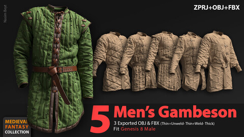 Medieval Collection: 5 Men's Gambeson Pack (VOL.01). Marvelous Designer/Clo3D project file+OBJ,FBX