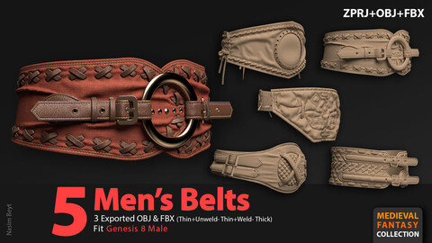 Medieval Collection: 5 Men's Belts Pack (VOL.01). Marvelous Designer/Clo3D project file+OBJ,FBX