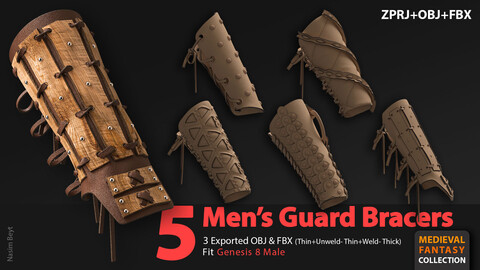 Medieval Collection: 5 Men's Guard Bracers (VOL.01). Marvelous Designer/Clo3D project file+OBJ,FBX