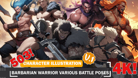 503 Barbarian Warrior Various Battle Poses Diverse Outfit Character Design Reference Art V1 4K