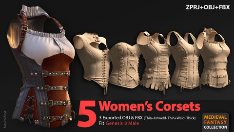 Medieval Collection: 5 Women's Corsets (VOL.01). Marvelous Designer/Clo3D project file+OBJ,FBX