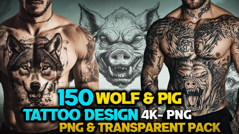 150 Wolf & Pig - Tattoo Design and Print Art( PNG Files )-4K- High Quality