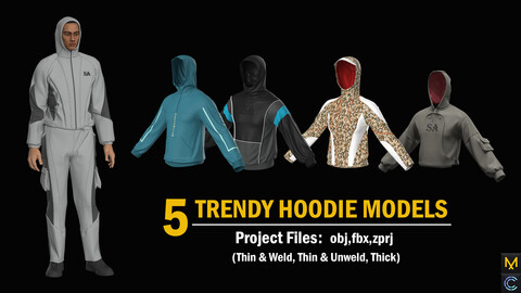 5 HOODIE MODEL/MARVELOUS DESIGNER & CLO3D/Thin & weld ,Thin & Unweld ,Thick