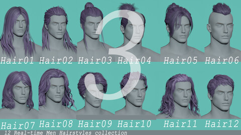 12 Real-time men Hairstyles collection 03 hair ancient mid age man male blonde brunette beautiful wig character  haircut human real time ingame  lowpoly chinese japanese