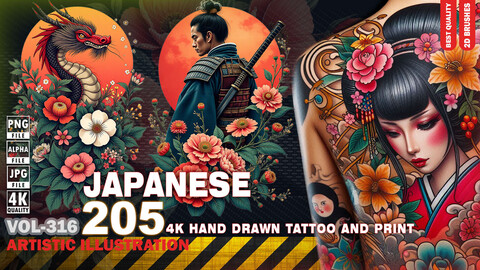 205 4K HAND DRAWN JAPANESE TATTOO AND PRINT - ARTISTIC ILLUSTRATION - HIGH END QUALITY - (JPEG & TRANSPARENT PNG & ALPHA ) - VOL316