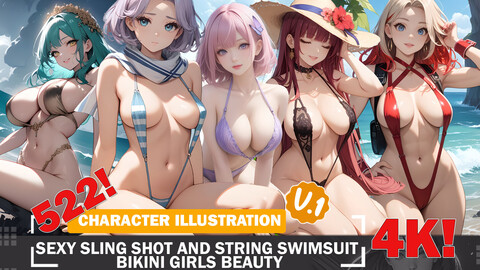 522 Sexy Sling Shot and String Swimsuit Bikini Girls Diverse Outfit Character Design Reference Art V1 4K