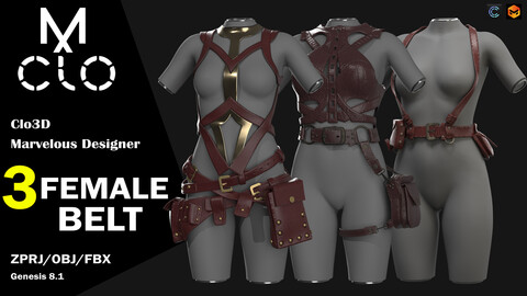 3 Belt Collection / 85%off / Clo3d / Marvelous designer / Project file / Obj / Fbx / Zprj