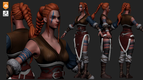 Stylized Character Female Warrior for zbrush and Blender.