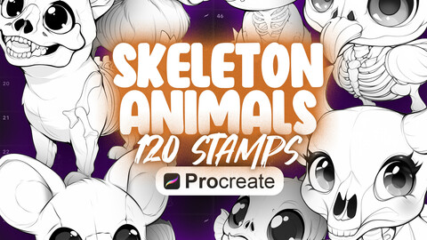 120 Procreate Halloween Animal Skeleton Stamps | Procreate Cute Animal Skeleton Stamp | Kawai Skeleton Animals | Chibi Skeleton Animals