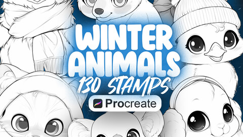 130 Procreate Winter Animals Stamps | Procreate Cute Christmas Animal Skeleton | Kawai Procreate Animals | Procreate Chibi Animals Brush