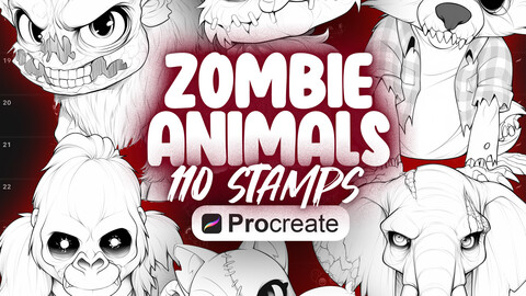 110 Procreate Zombie Animals Stamp Brushes | Procreate Halloween Animals Stamps | Procreate Cute Baby Zombie Animals Stamps