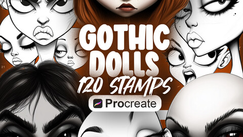 120 Procreate Cartoon Gothic Dolls Stamps | Procreate Gothic Characters Heads Stamps | Procreate Creepy Cute Dolls Stamps | Fashion Dolls