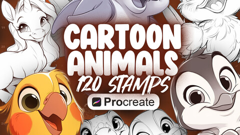 120 Procreate Cartoon Animals Stamps | Procreate Cartoon Characters Stamp Brushes | Funny Cute Animal Stamps for Procreate