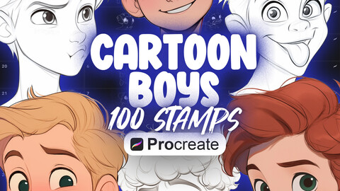 100 Procreate Cartoon Boys Stamps | Procreate Cartoon Boys Heads Stamps | Procreate Cartoon Man Face Stamp Brushes