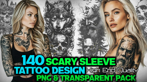 140 Scary Sleeve - Tattoo Design and Print Art( PNG Files )-4K- High Quality