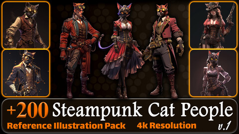 200 Steampunk Cat People Reference Pack | 4K | v.1