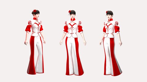 Elegant Red & White Oriental-Inspired Outfit