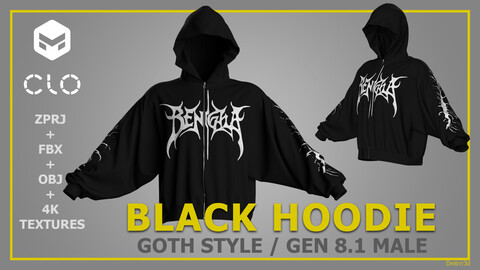 Hoodie Gothic Style - CLO 3D / Marvelous Designer - ZPRJ + FBX + OBJ - STREETWEAR / DIGITAL FASHION