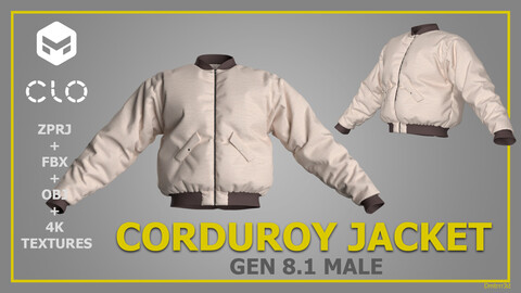 Corduroy Jacket Men - CLO 3D / Marvelous Designer - ZPRJ + FBX + OBJ - STREETWEAR / DIGITAL FASHION