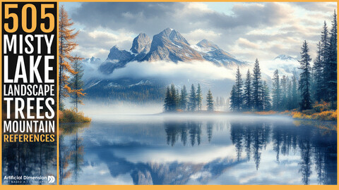 505 Misty Lake Landscape with Trees and Mountain