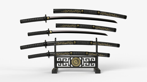 Black Double Bladed Katana Wakizashi and Stand