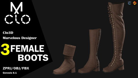 3 Boots Collection / 85%off / Clo3d / Marvelous designer / Project file / Obj / Fbx / Zprj