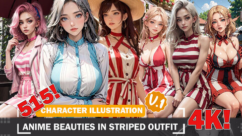 515 Anime Beauties in Striped Outfit Diverse Outfit Character Design Reference Art V2 4K