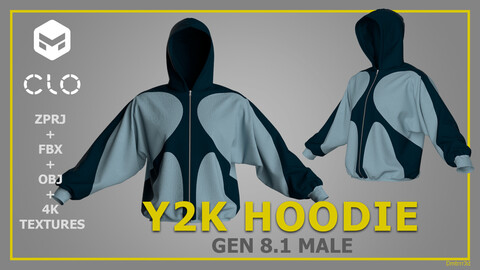 Y2K HOODIE - CLO 3D / Marvelous Designer - ZPRJ + FBX + OBJ - STREETWEAR / DIGITAL FASHION