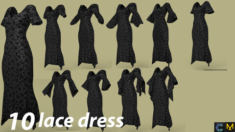 lace dress Marvelous Designer/Clo3D file - (a-pose, Zprj)    - OBJ files (thin unweld / thick unweld)    - FBX files (thin unweld / thick unweld)