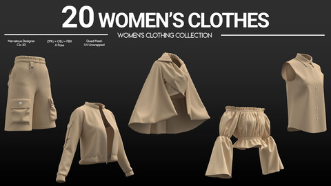 20 Women’s Clothes . Marvelous / CLO Project Files + OBJ + FBX