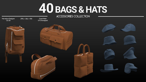 40 Bags & Hats Pack . Marvelous / CLO Project file + OBJ + FBX