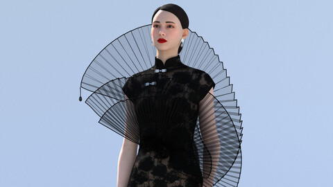 Chinese Dress With Pleated Organza Emblishment