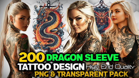 200 Dragon Sleeve Illustration- Tattoo Design and Print Art( PNG Files )-4K- High Quality